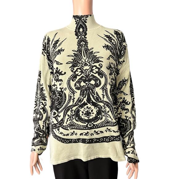 Pierri New York Floral Black On Green Mock Turtleneck Sweater Large - Picture 1 of 4